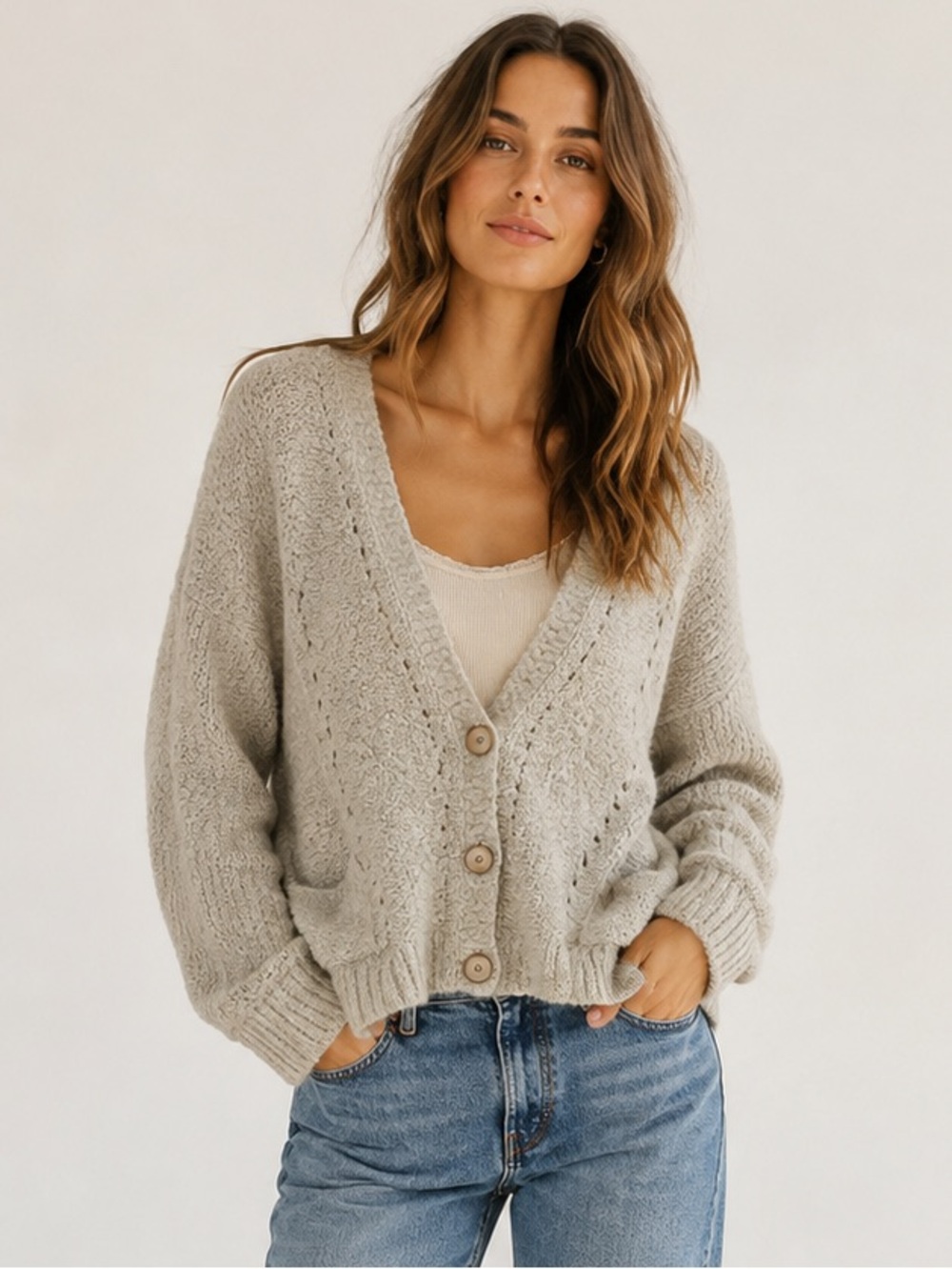 Free People Boho Slouch Bouclé Oatmeal Wool Blend Cardigan Sweater S
